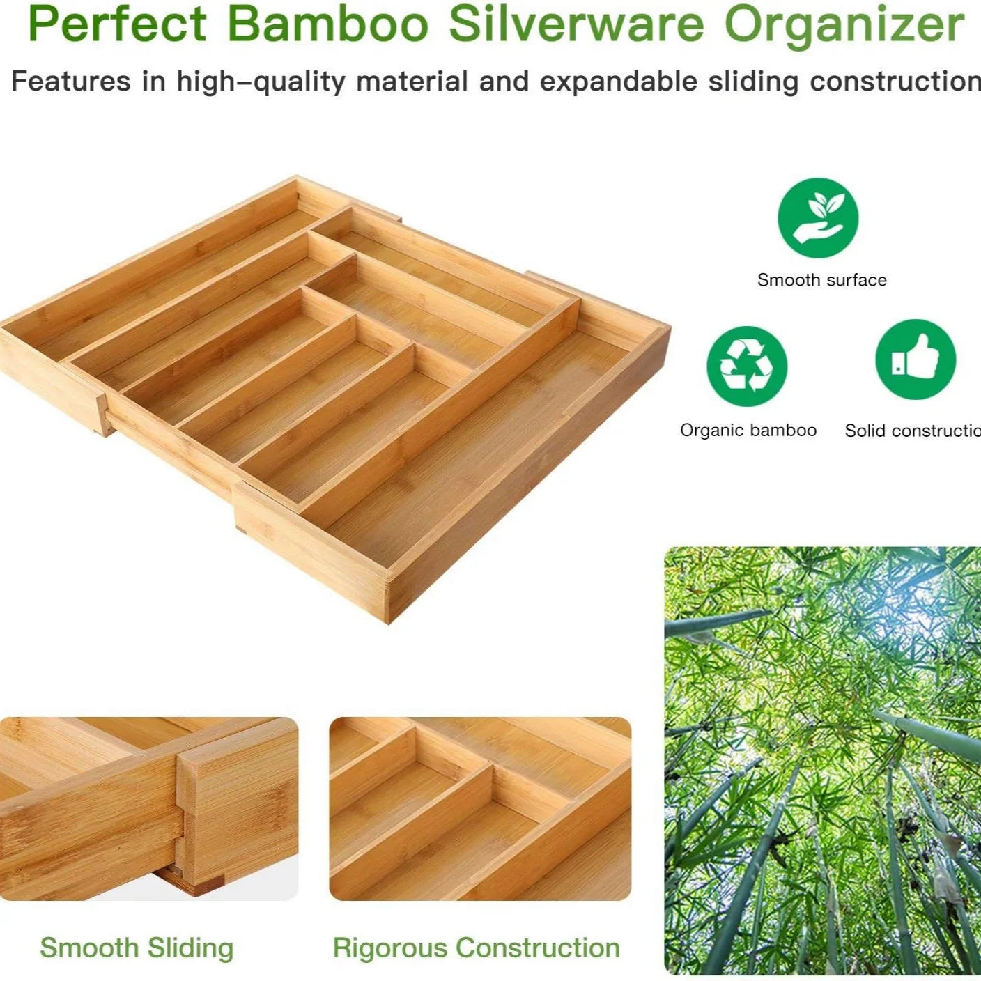 Organizador de cajones de bambú ajustable y expandible para cocina, dormitorio o sala de estar. Ideal para organizar cubiertos, cubiertos y cuchillos.