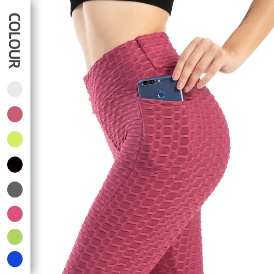 Leggings de cintura alta con efecto push-up de Amazon Europa, material de nylon, estampado jacquard, pantalones deportivos con bolsillo para mujer.
