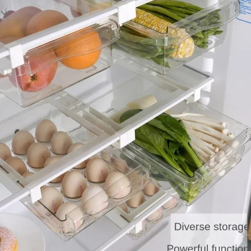 Caja de almacenamiento de alimentos tipo cajón para refrigerador, máquina para envasar frutas, soporte para estantes, contenedor deslizante de plástico para cocinar
