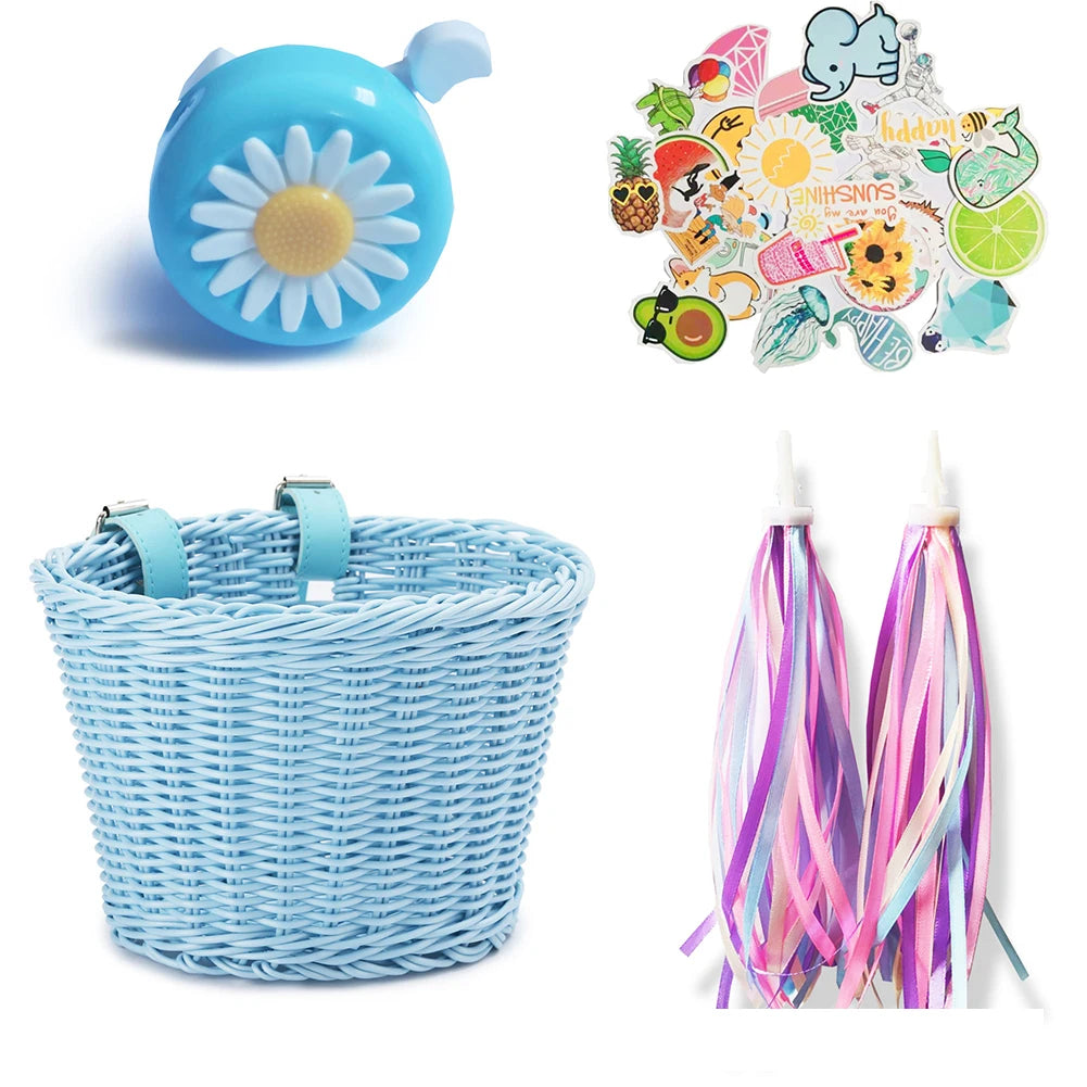Conjunto de cesta de bicicleta para niños, timbre, borla y pegatinas. Cesta de bicicleta de ratán tejida a mano para manillar delantero. Accesorios de ciclismo.