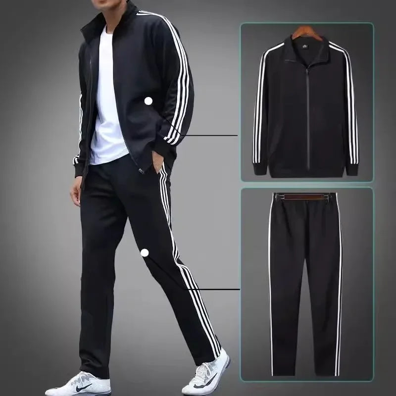 Conjunto de ropa deportiva informal para hombre, primavera y otoño, cárdigan abierto de tres rayas finas, sudadera con capucha y pantalones, conjunto ligero para hombre