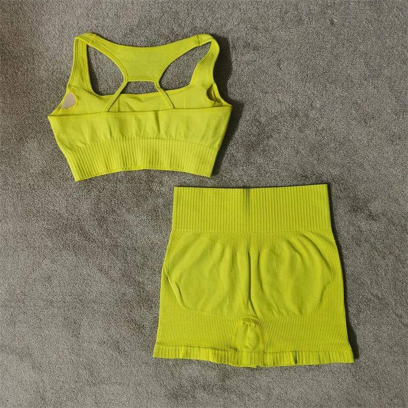 Conjunto de yoga fitness sin costuras para mujer, ropa deportiva de cintura alta, leggings, pantalones cortos de dos piezas, ropa de gimnasio para mujer
