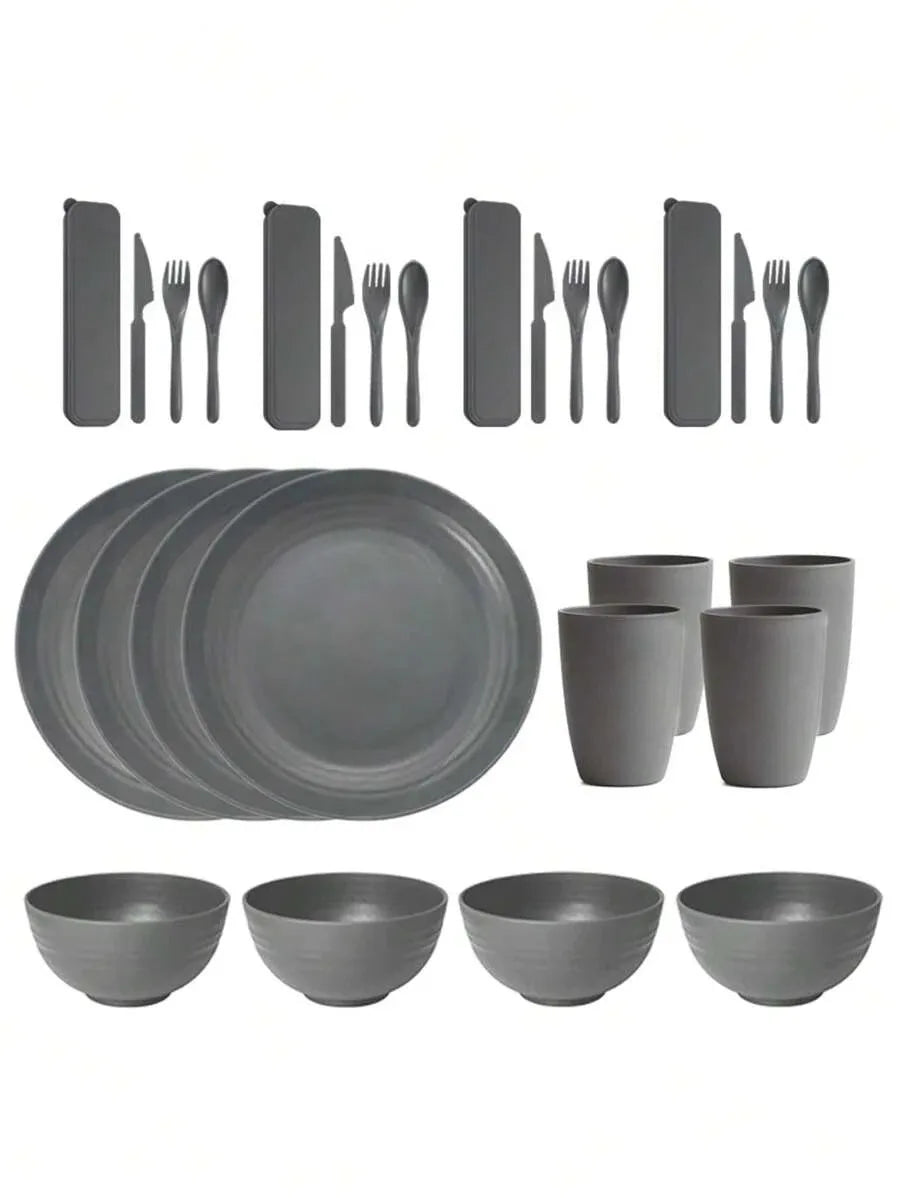 Juego de vajilla de plástico PP de 7/28 piezas, reutilizable, plato de cena, tazón de cereal, taza, juego de cubiertos para reuniones de fiestas en hoteles en casa