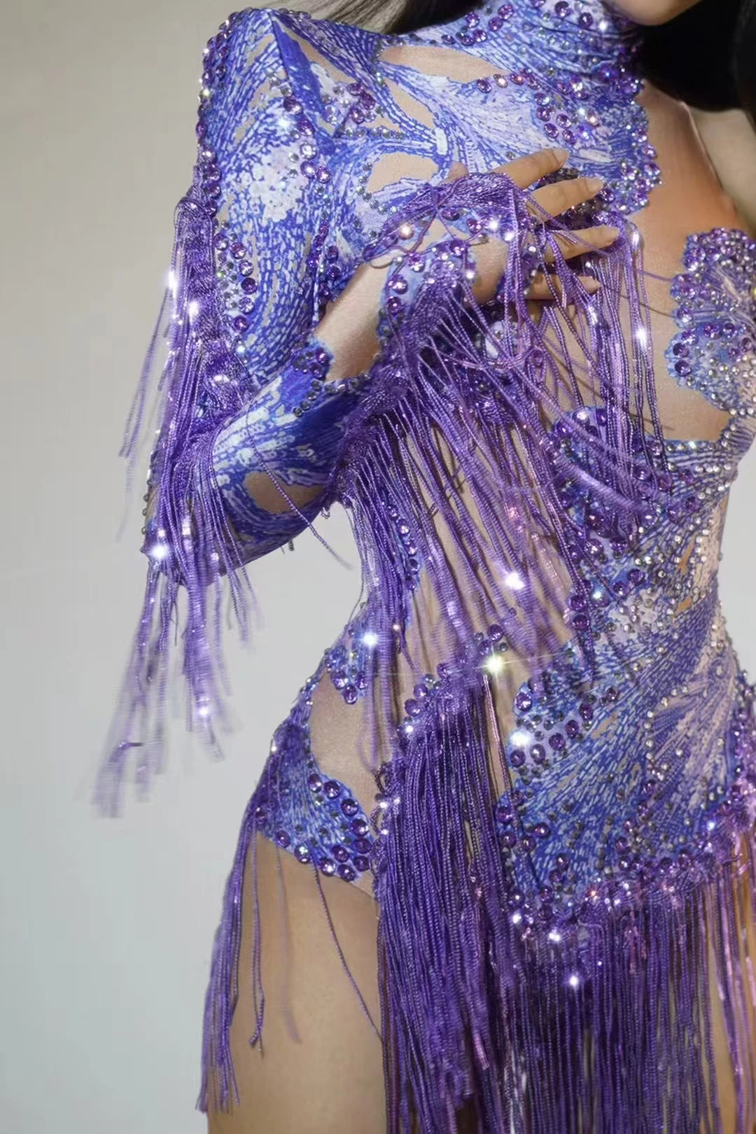 Sexy Skinny Leotard Singer Dancer Show StageWear Sparkly Blue Rhinestones Women DanceCostume Fringes One Shoulder Bodysuit 7G