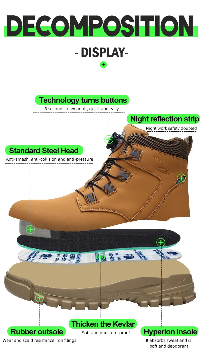 Zapatos de seguridad para hombre con botón giratorio, puntera de acero, zapatillas antideslizantes, zapatos de trabajo, botas de seguridad protectoras a prueba de perforaciones.