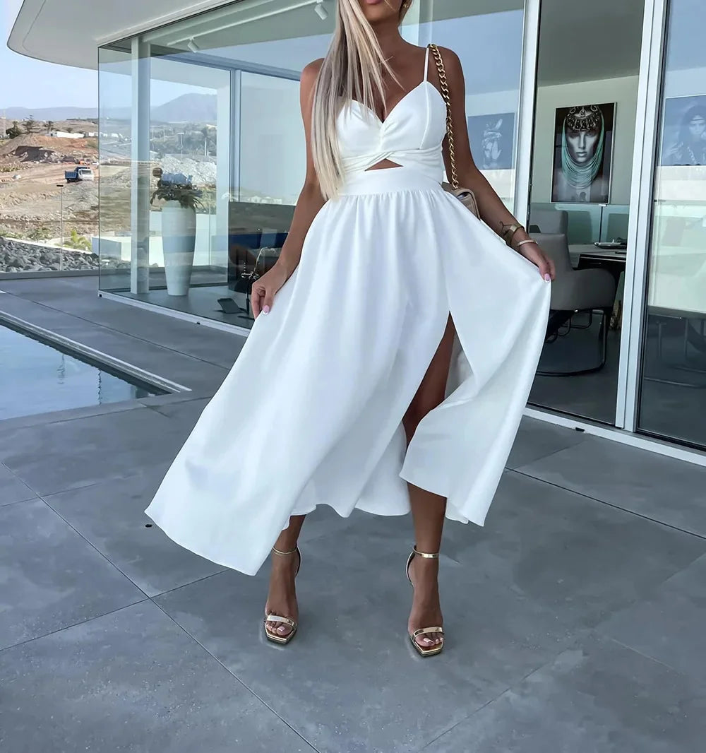 Vestido de mujer con nuevo estilo, cuello en V, corte amplio, que estiliza y suaviza la silueta, espalda abierta y largo medio.