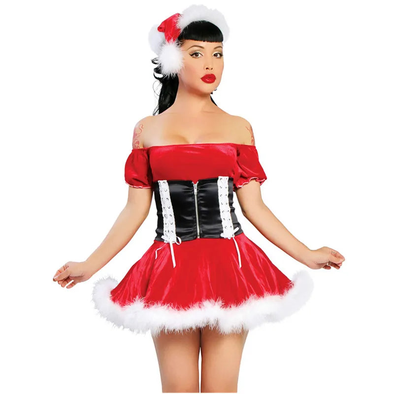 Sexy Velvet Plush Christmas Dress Red Sexy Women Santa Claus Costume Bandage Mini Dress Party Show Ladies Xmas Festival Outfit