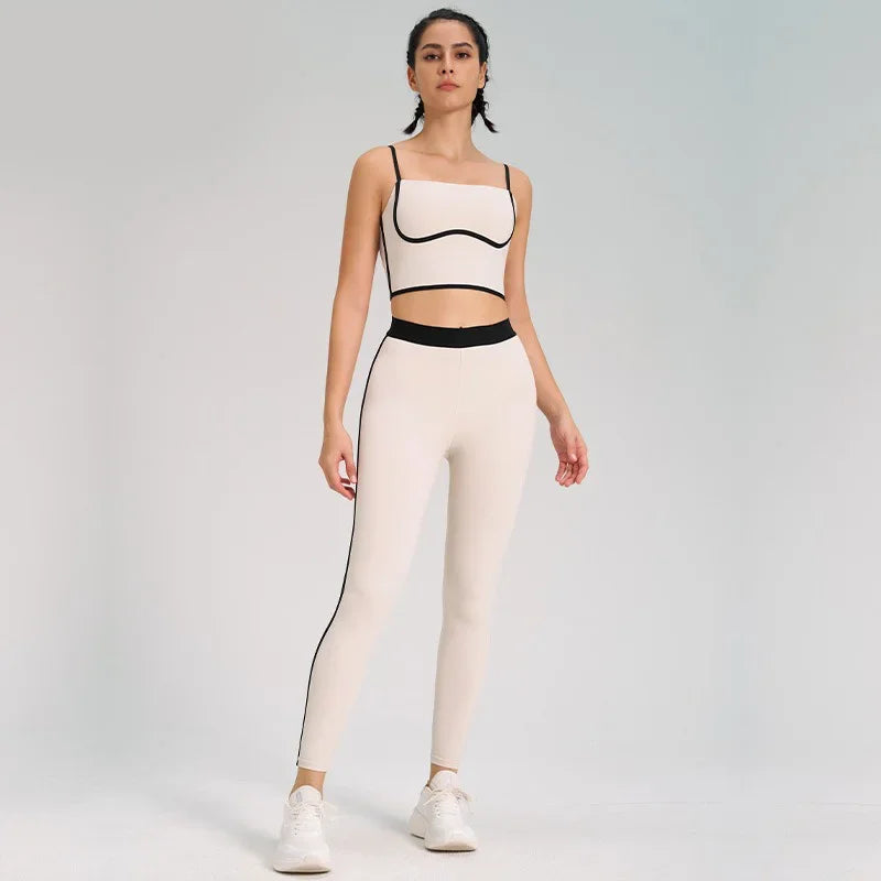 Traje de yoga deportivo para mujer, conjunto de entrenamiento de fitness, color melocotón, con espalda integrada, top de yoga, chaleco de cintura alta, top corto para levantar la cadera, pantalón de yoga para gimnasio