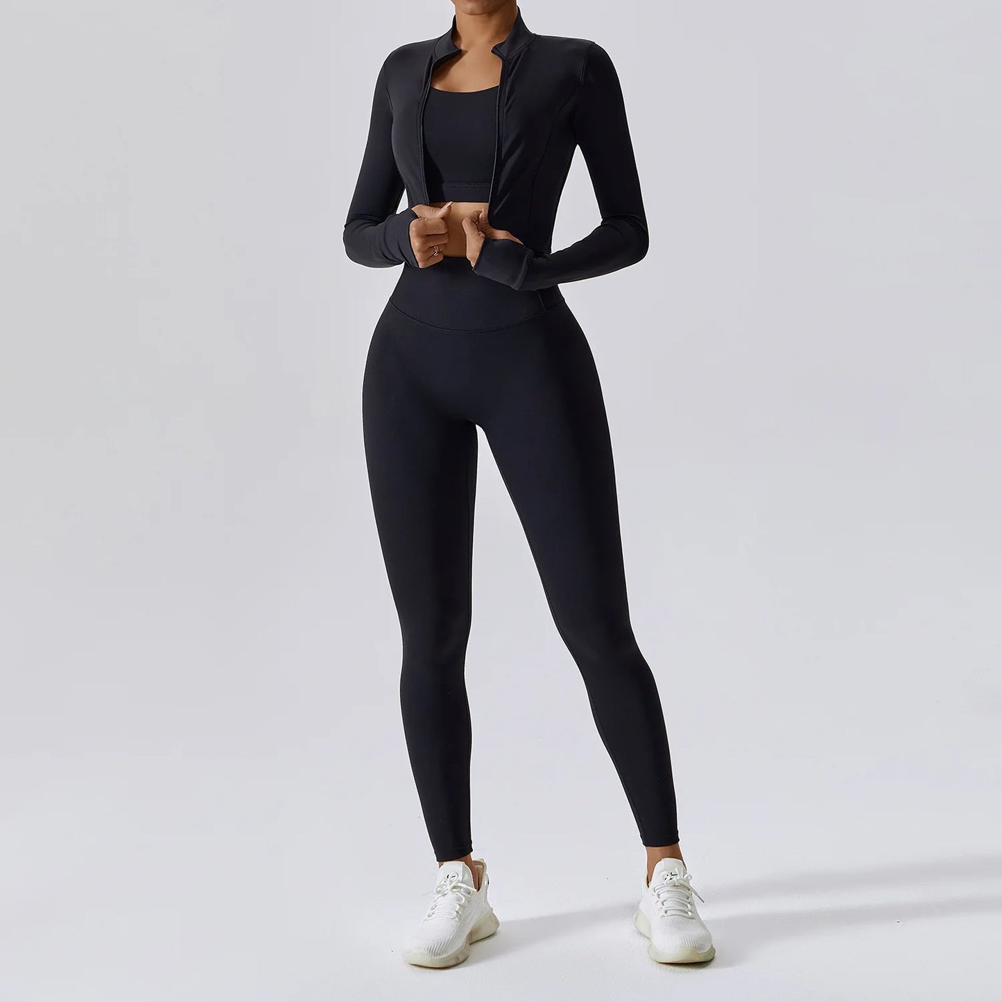 Conjunto de yoga de 3 piezas para mujer, conjuntos de entrenamiento, ropa deportiva para gimnasio, ropa deportiva con cremallera, leggings de manga larga y cintura alta, trajes deportivos, traje de yoga