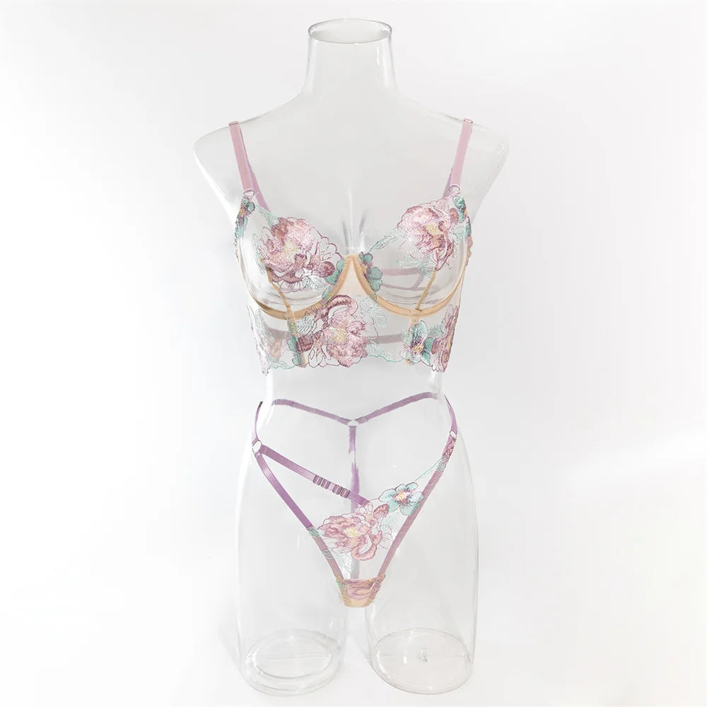 Conjuntos de lencería sexy con bordado floral para mujer, conjunto de sujetador y tanga de encaje transparente, conjuntos sensuales y delicados, ropa de juego para parejas