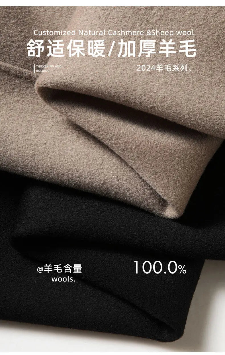 2024 Winter New Men's Hoodie Medium Long Woolen Coat Rabbit Plush Thick Warm Casual Coat High end Fabric 100% Pure Wool