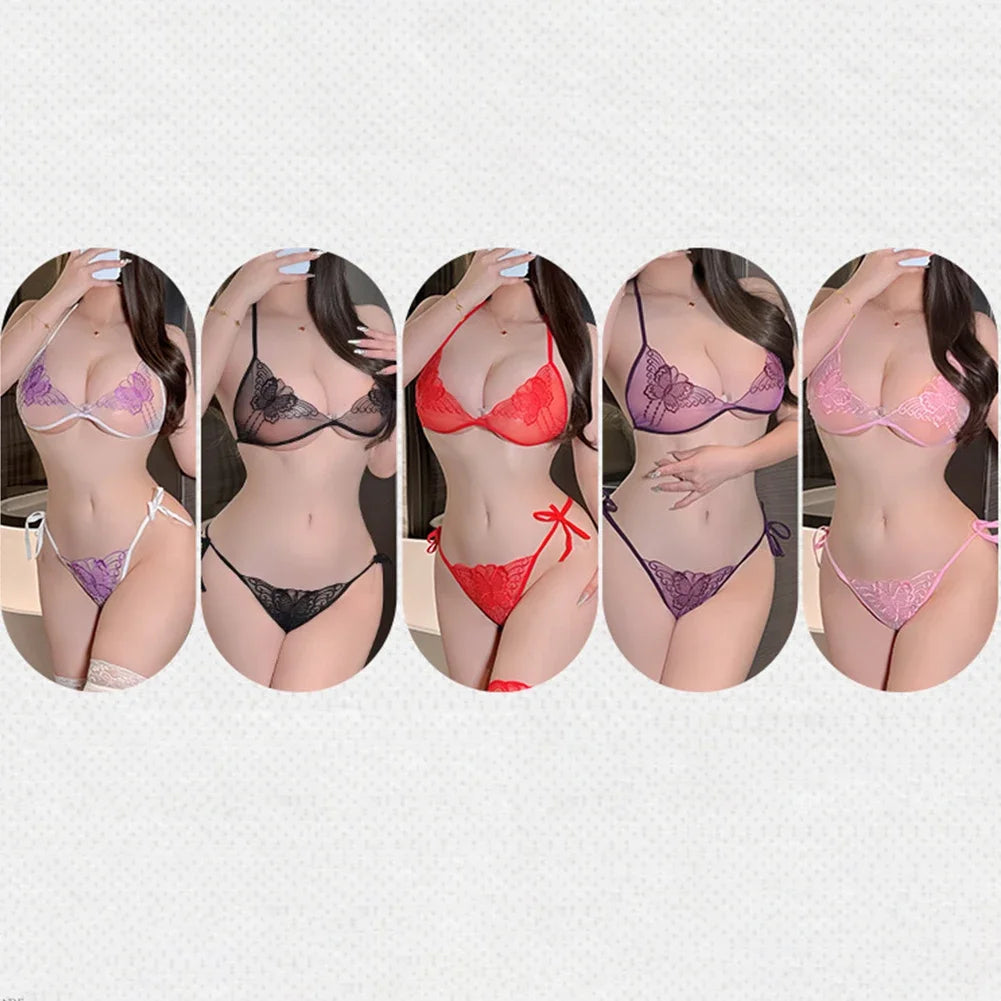 Sexy Lace-up Lingerie Set Women Hot Exotic Open Crotch Transparent Underwear G-string Bandage Bikini Three-point Set