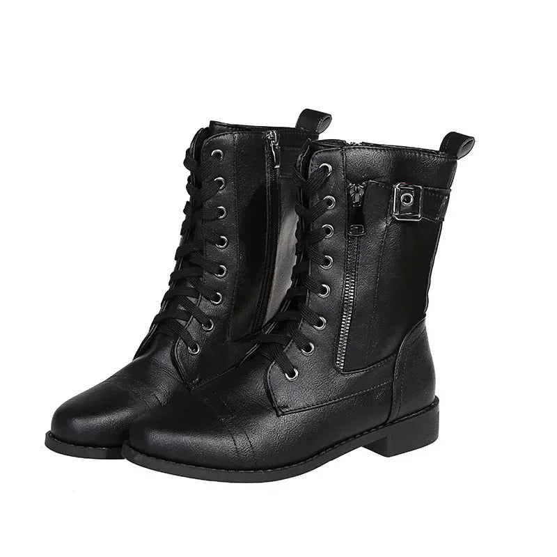 Botines de tacón cuadrado para mujer, botas de trabajo cortas de piel sintética para otoño e invierno, botas elásticas con cordones de talla grande para mujer 2024