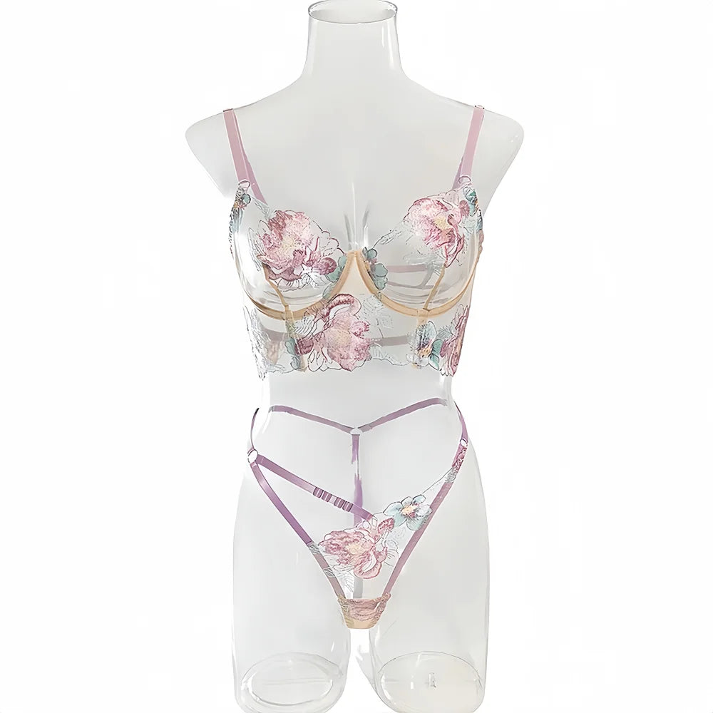 Conjuntos de lencería sexy con bordado floral para mujer, conjunto de sujetador y tanga de encaje transparente, conjuntos sensuales y delicados, ropa de juego para parejas