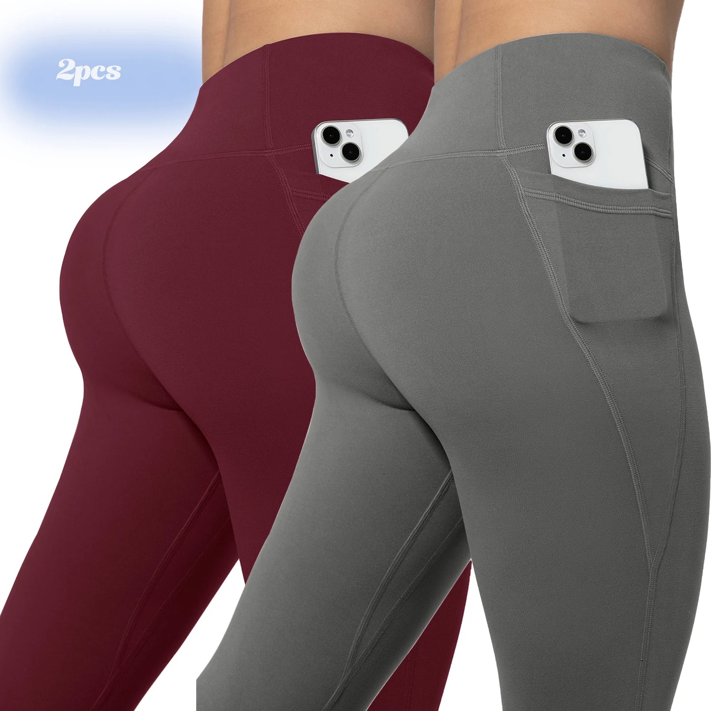 Leggings de yoga para mujer, 2 unidades, con bolsillos, color liso, para gimnasio, actividades al aire libre, cintura alta, ajustados, pantalones deportivos para correr.