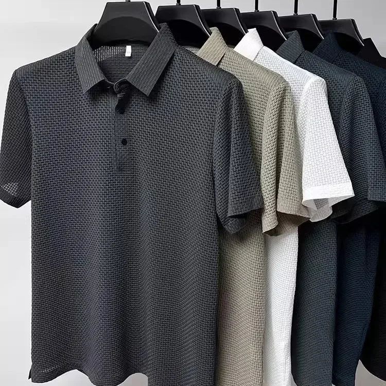 Camiseta de manga corta de seda de hielo para hombre, nueva camiseta de verano con cuello redondo y estampado de gofre, de alta elasticidad, sin costuras, informal, de negocios.