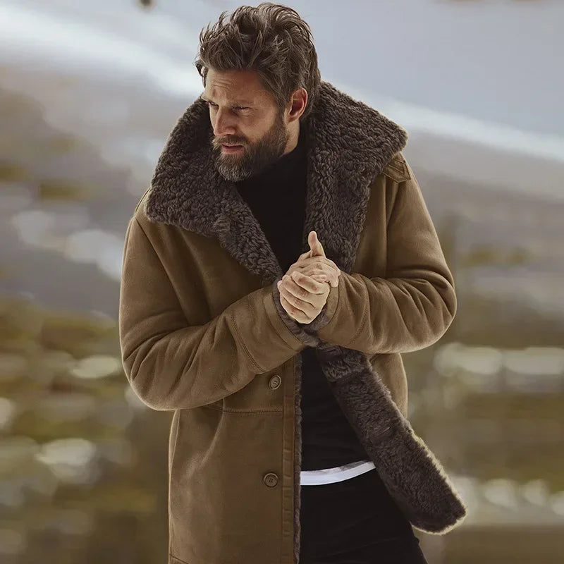 Abrigo de lana nuevo cortavientos para hombre, cuello de piel, botonadura sencilla, cálido, chaqueta de lana, corte entallado, abrigo de invierno 2021 para hombre