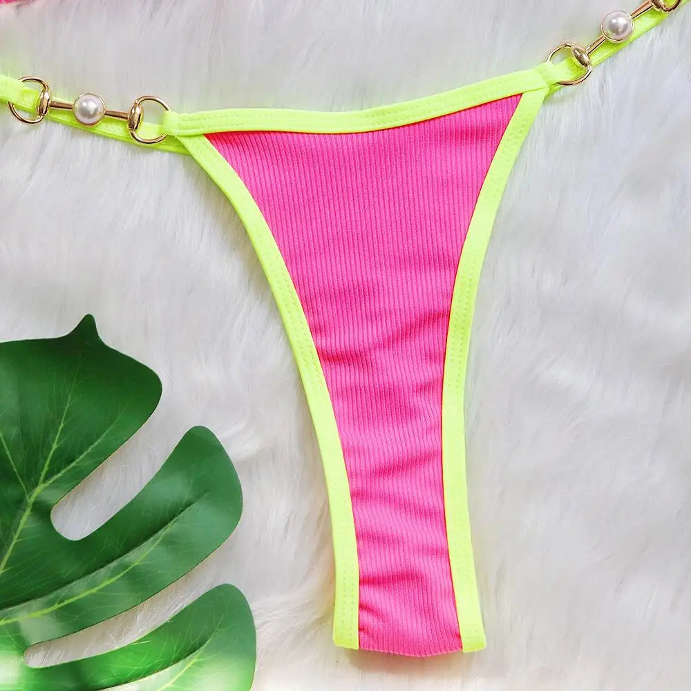 Bikini sexy con cuello halter y perlas para mujer, traje de baño femenino de dos piezas con ribete acanalado