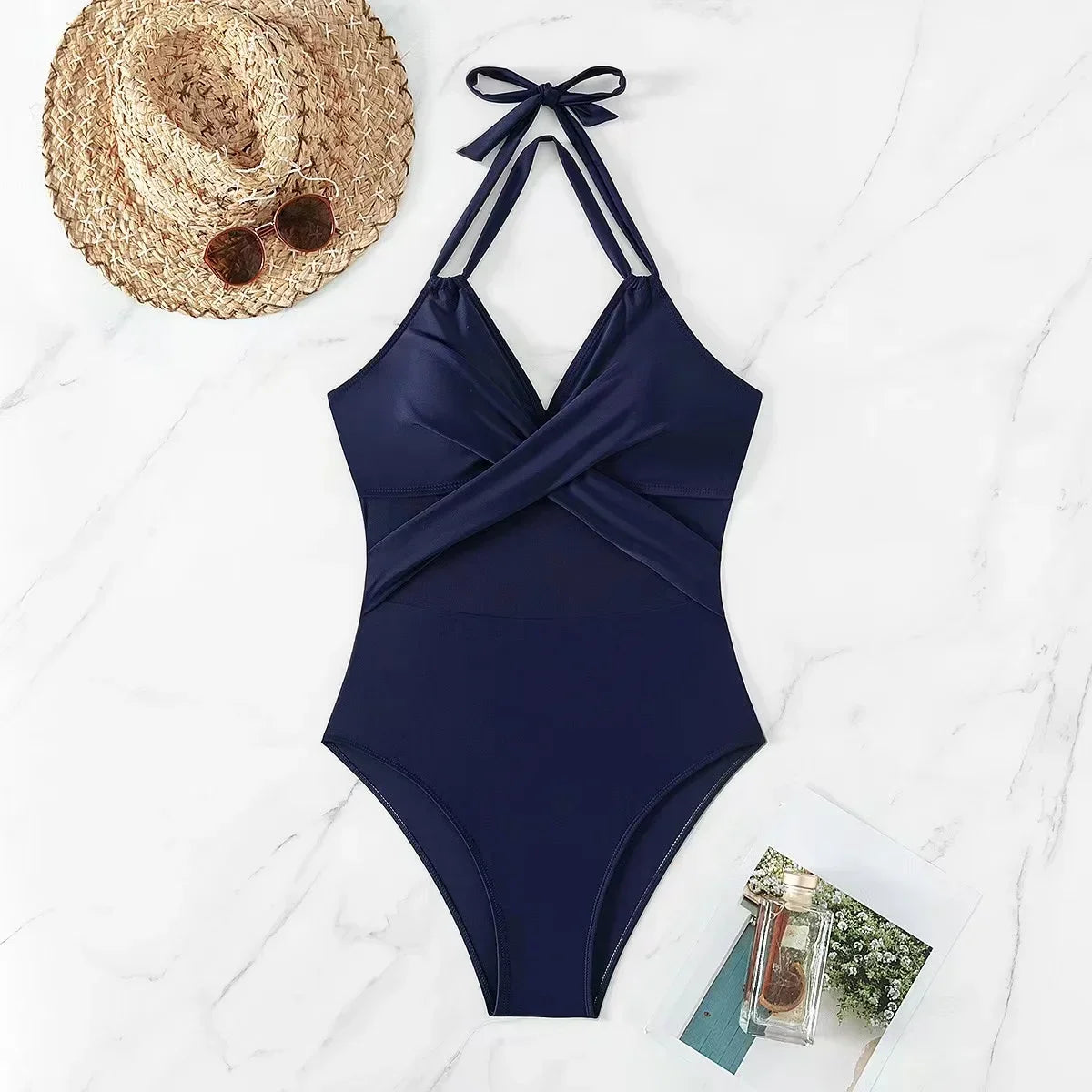 2024 Women One Pieces Solid Swimsuits Sexy Swimwear Bathing Suits Rib Mesh V-neck Swimsuit Bathing Suit Beach Pool Bather
