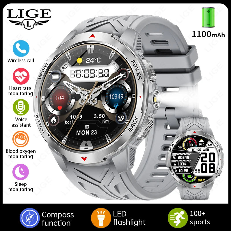 Reloj inteligente deportivo para exteriores para hombre, con batería grande de 1100 mAh, brújula, linterna LED, control del ritmo cardíaco, compatible con Android e iOS.