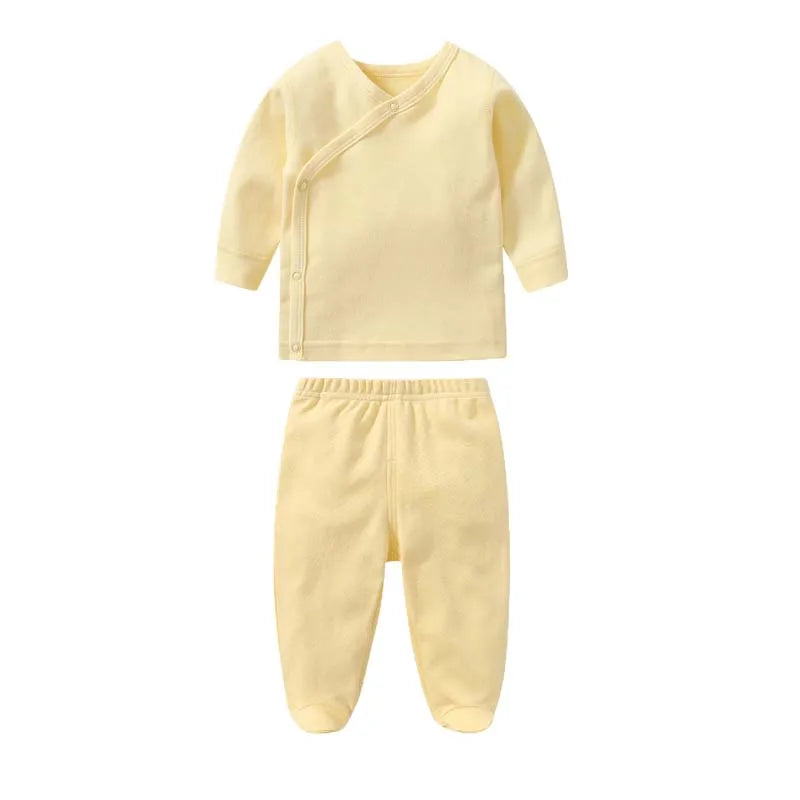 Conjunto de ropa para bebé, niño y niña, camiseta de manga larga de algodón con botones abiertos, pantalones de color liso, conjuntos de primavera para bebé.
