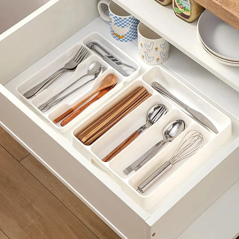 Gabinetes de cocina de 4/5 rejillas, caja de almacenamiento para palillos y vajilla, organizador divisor para cuchillos, tenedores y cucharas, cajón de almacenamiento para cuchillos y tenedores.