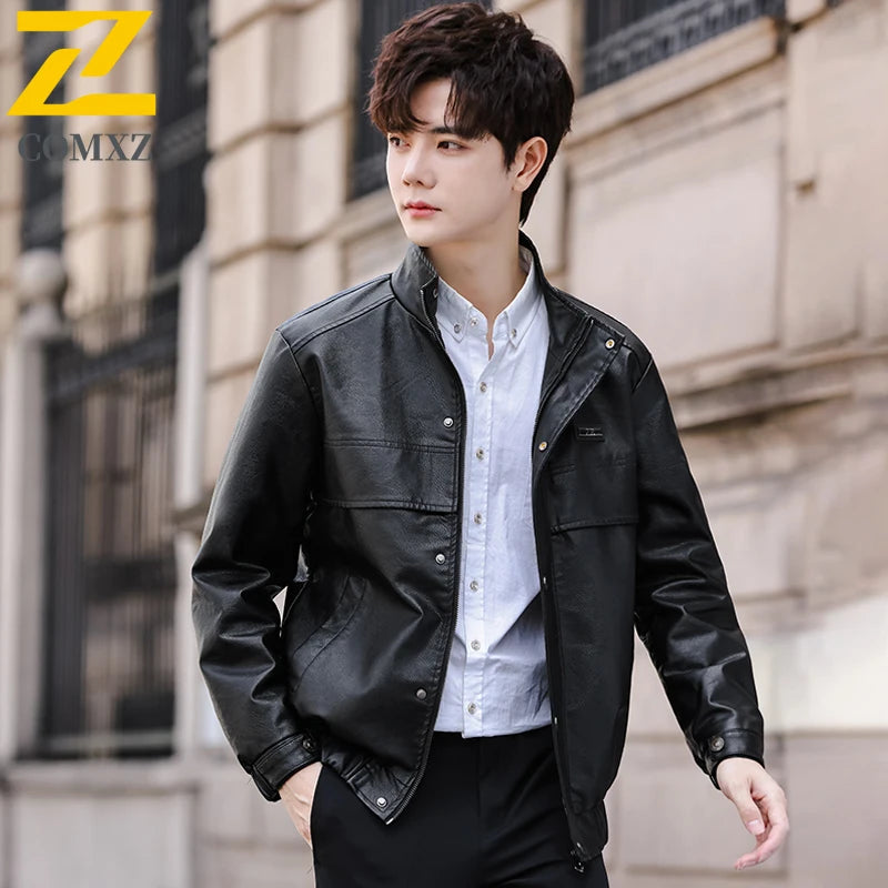 Chaqueta de piel sintética para hombre, otoño 2025, moderna, con cuello alto de forro polar, de piel sintética, resistente al viento, para motocicleta, ropa de abrigo.