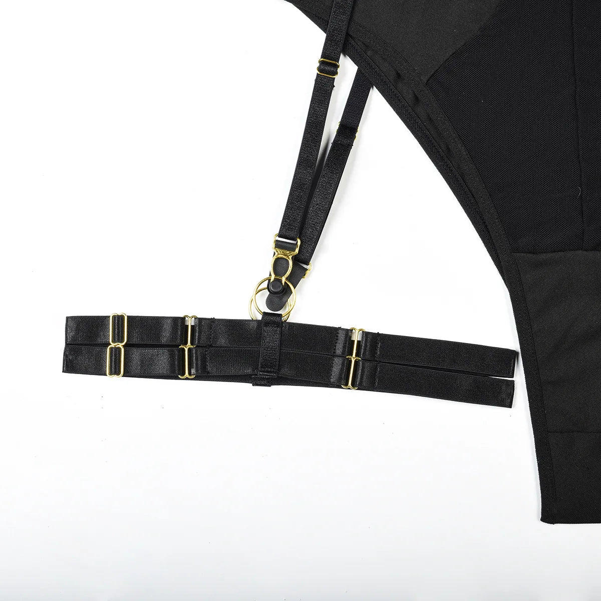 Conjunto de lencería sexy para mujer, con panel de encaje, escote en V profundo, glúteos abiertos, tirantes con forma de corazón de melocotón, cadena cruzada, liguero, ropa interior de tres piezas
