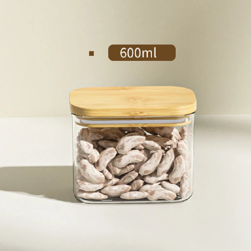 Tarro de plástico cuadrado sellado de 1100 ml para alimentos, con tapa de bambú, para cereales de cocina, transparente, para té y utensilios de cocina.