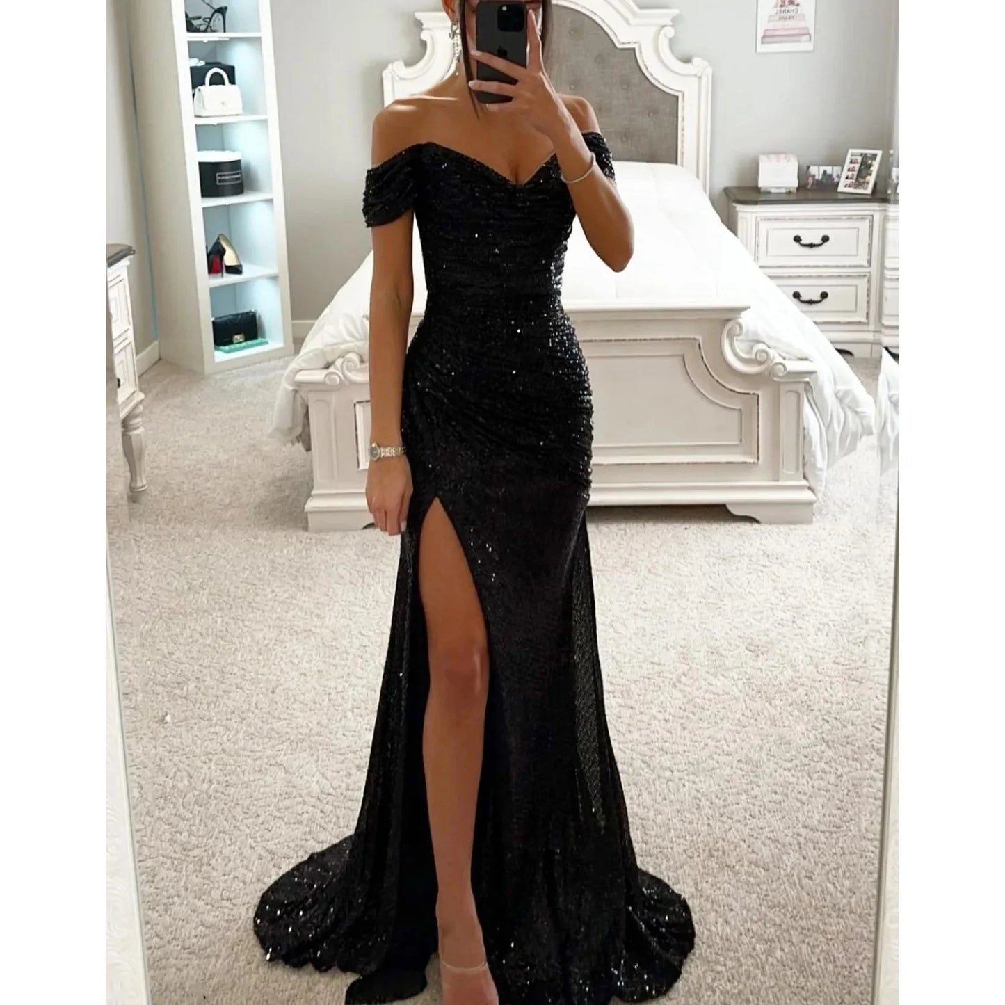 Vestido de fiesta sexy con abertura lateral y lentejuelas brillantes para mujer, de poliéster, sin bordes, ligero y a la moda.