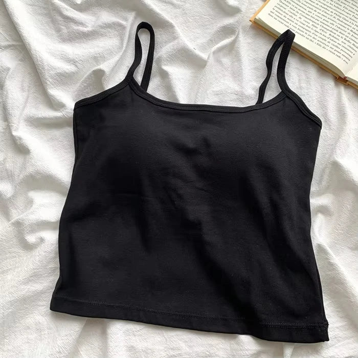 Camisola ajustada sin mangas con tirantes finos de color liso para mujer con almohadilla para el pecho, de algodón, para uso exterior, camisetas cortas de verano para mujer.