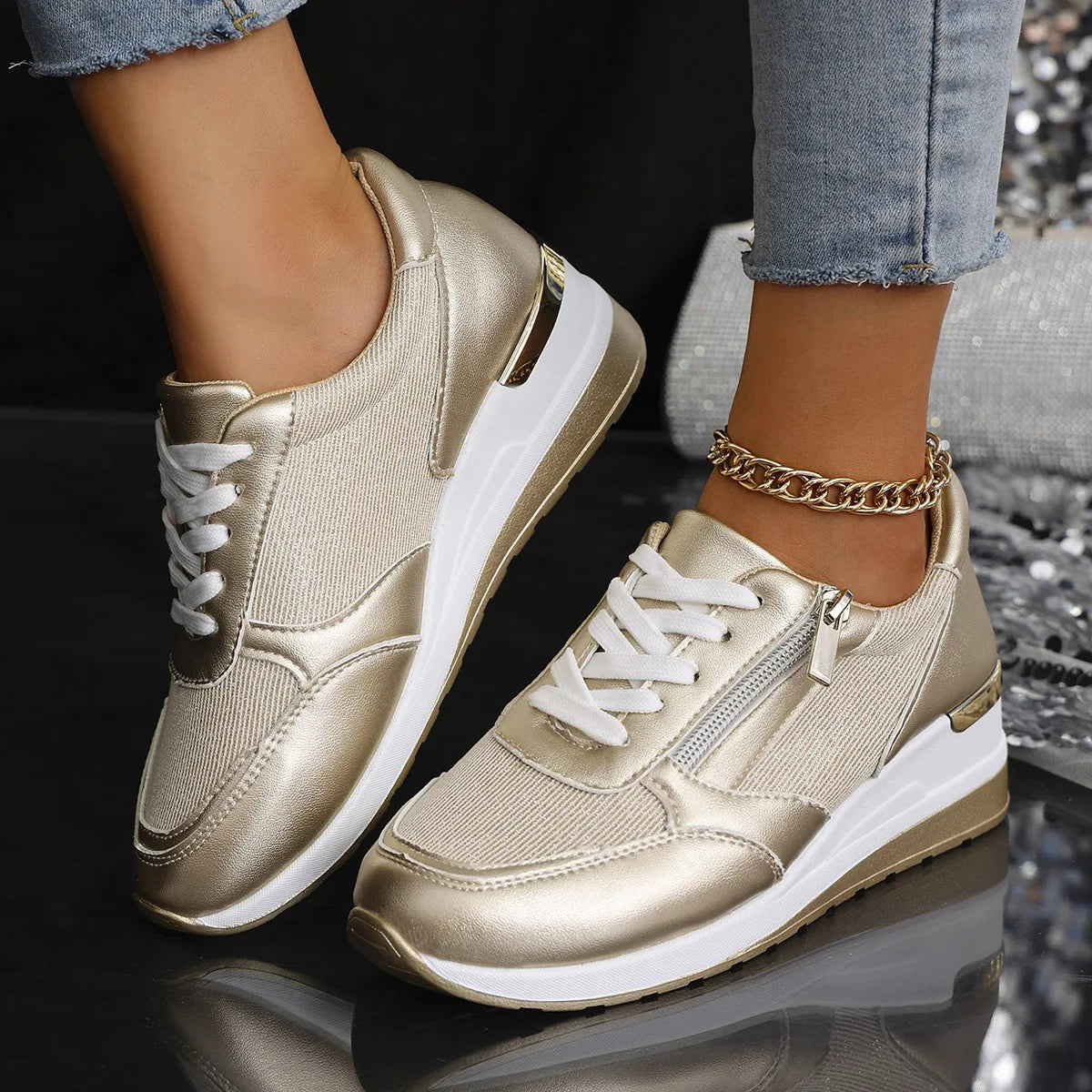 Zapatillas de deporte con cuña rosa de moda 2025 para mujer, ligeras, transpirables, informales, con plataforma vulcanizada y de talla grande.