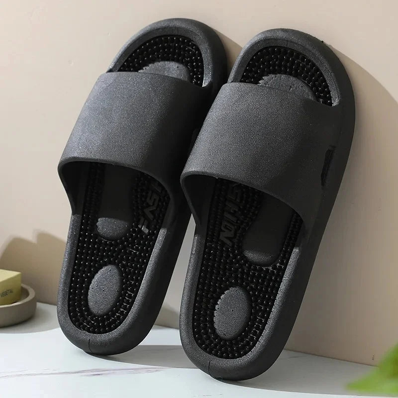 Zapatillas de masaje para interiores con suela suave para terapia de pies, antideslizantes, para hombres y mujeres, sandalias de verano para uso doméstico con pegatinas de puntos de acupuntura.