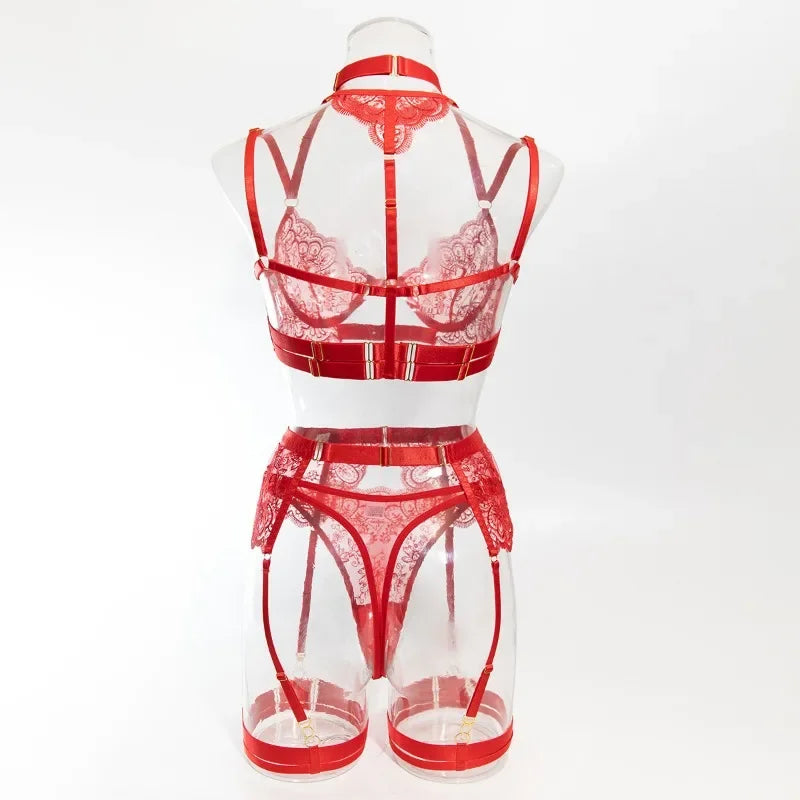 Tornova - Conjunto de ropa interior sexy con bordado de 5 piezas para mujer, de malla con retazos, transparente, con cuello halter y ligas, lencería sexy