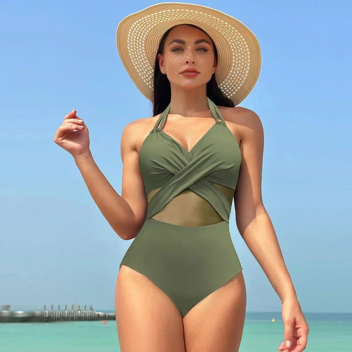 2024 Women One Pieces Solid Swimsuits Sexy Swimwear Bathing Suits Rib Mesh V-neck Swimsuit Bathing Suit Beach Pool Bather