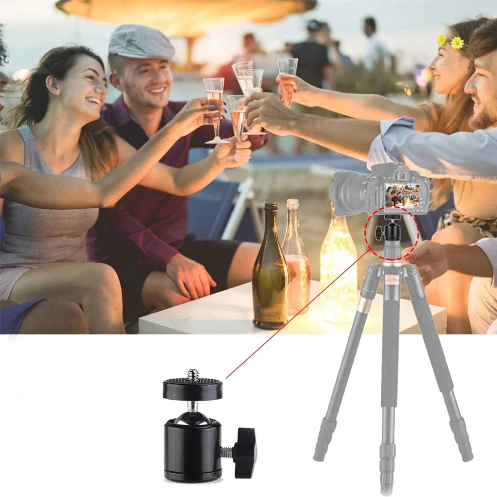 Adaptador de cabezal de cámara para trípode con zapata de 1/4" y orificio para tornillo, cabezal esférico con bloqueo, soporte para flash y luz LED para cámaras DSLR y DV.