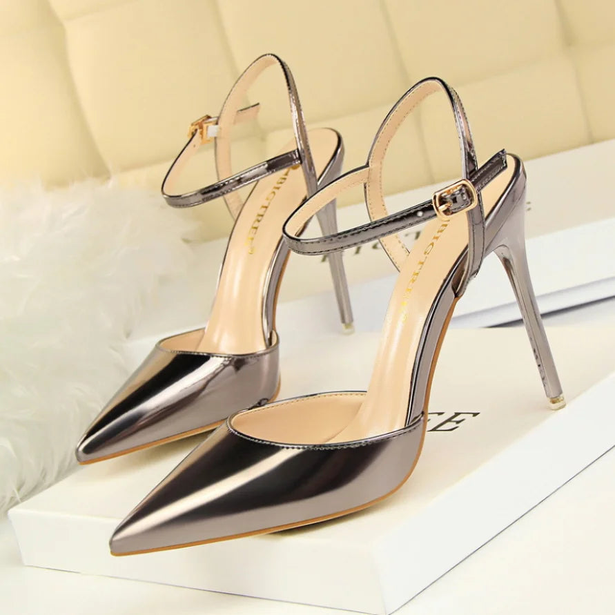 Zapatos de tacón ultraalto, sencillos, delgados, de piel pintada, sexis, para discoteca, con tiras de una palabra, para mujer, 86-1