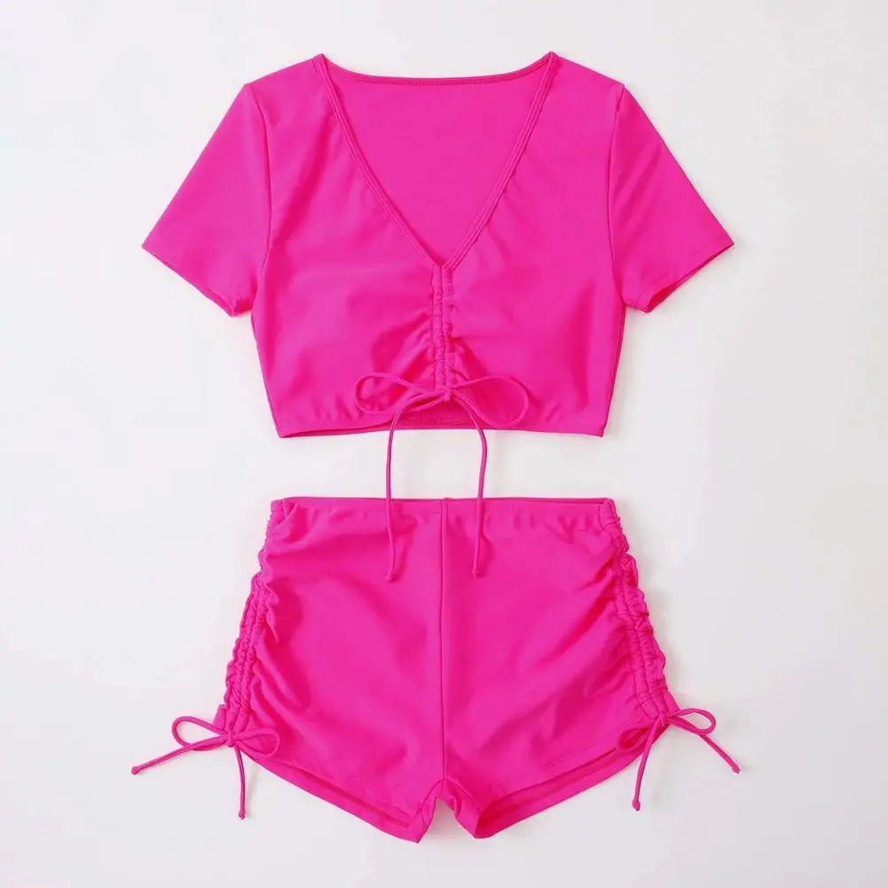 2Pcs/Set Swimsuit for Women Bikini Set V-Neck Short Sleeve Tops High Waist Drawstring Swimming Trunks Quick Drying Swimsuit