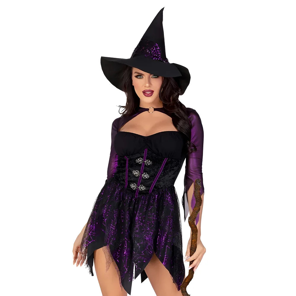 3 Piece 2025 Sexy Underwear Women Witch Long Sleeves Short Purple Triangle Lace Dress With High Hat Role Playing Cosplay Costume
