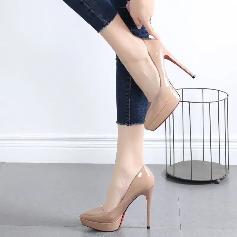 Tacones altos impermeables para mujer, sexys, color nude, plataforma fina de 12 cm, elegantes, versátiles, de punta puntiaguda, para mujer, boca baja S