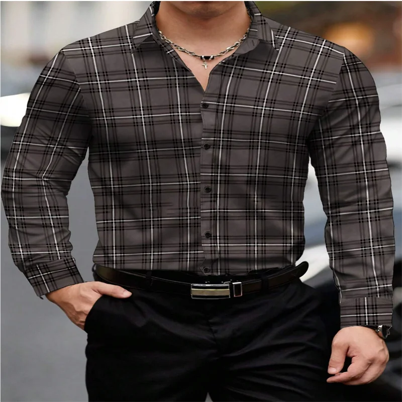 2024 new men's classic striped plaid long-sleeved shirt Men's classic red casual fashion shirt top