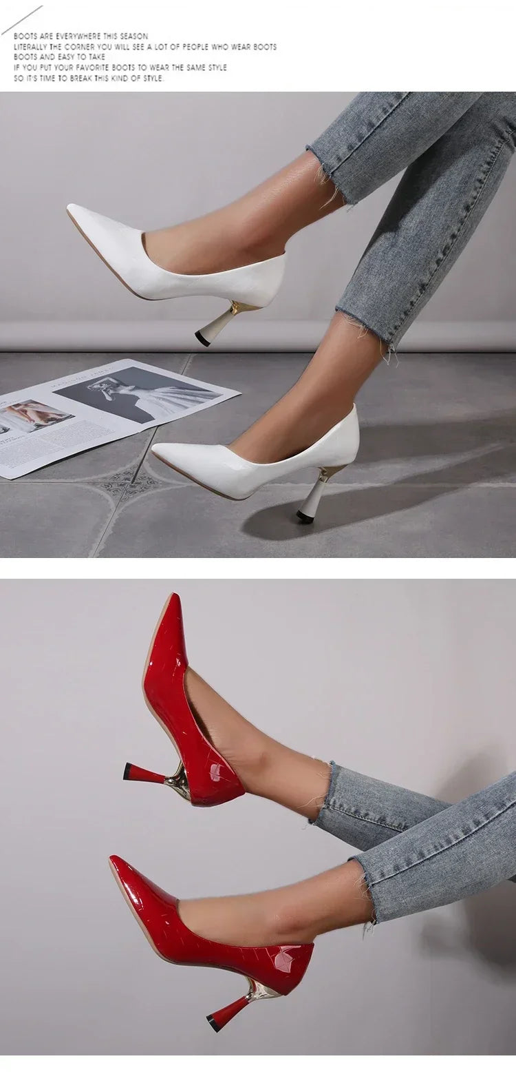 Zapatos Mujer 2024 Tendencia Nuevo Verano Tacones Rojos Elegante Mujer Tacón Negro Punta Puntiaguda Zapatos de Vestir Cuero Blanco Zapatos de Dama