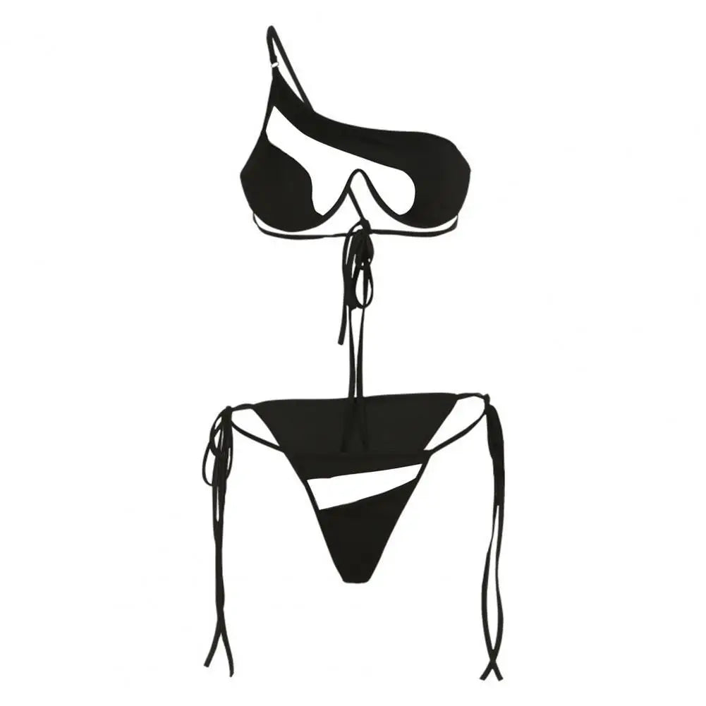 Conjunto de bikini de dos piezas con tirantes finos y un hombro, cintura alta, para playa, con perspectiva de retazos de hilo de red, bikinis sexys
