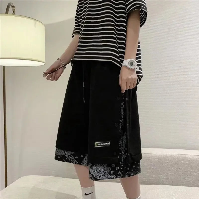 Pantalones cortos de estilo americano con cintura elástica para hombre, marca de moda, estilo hip hop, ropa de calle, holgados, de dos piezas, estilo casual de verano.