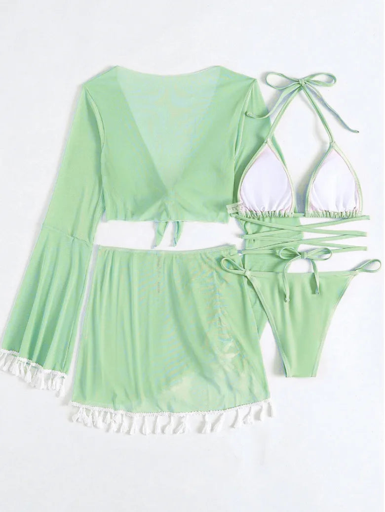 4 Piece Swimming Suit Women Beach Wear Solid Tassel Cover Up Mesh Mini Skirt Bikinis Set Cute Swimming Pool Outfit Summer