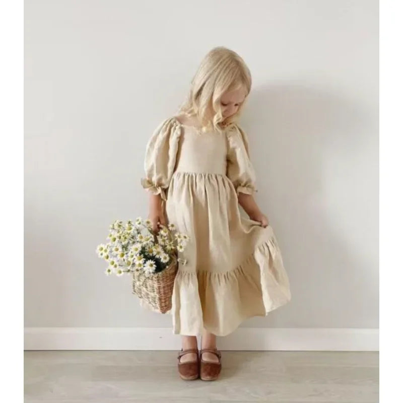 Vestido de verano para niñas, de algodón y lino, con espalda ajustada y mangas abullonadas, estilo princesa, sencillo y dulce, 2023