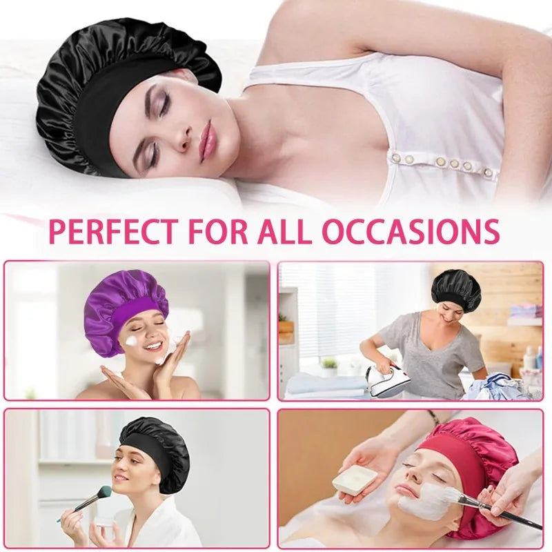 Gorro de dormir para mujer, gorro de seda satinado de doble capa, ajustable, para ducha, para cabello rizado, accesorios de peinado.