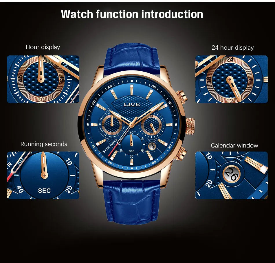 LIGE 2024 Reloj de lujo para hombre, reloj de cuarzo informal de negocios, reloj de pulsera de cuero a la moda para hombre, reloj impermeable para hombre