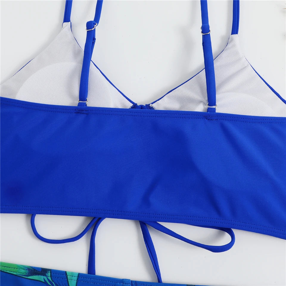 Bikini con cordón y estampado tropical para mujer, traje de baño de cintura alta con lazo frontal, pantalones cortos, traje de baño sexy para mujer, ropa de playa de verano
