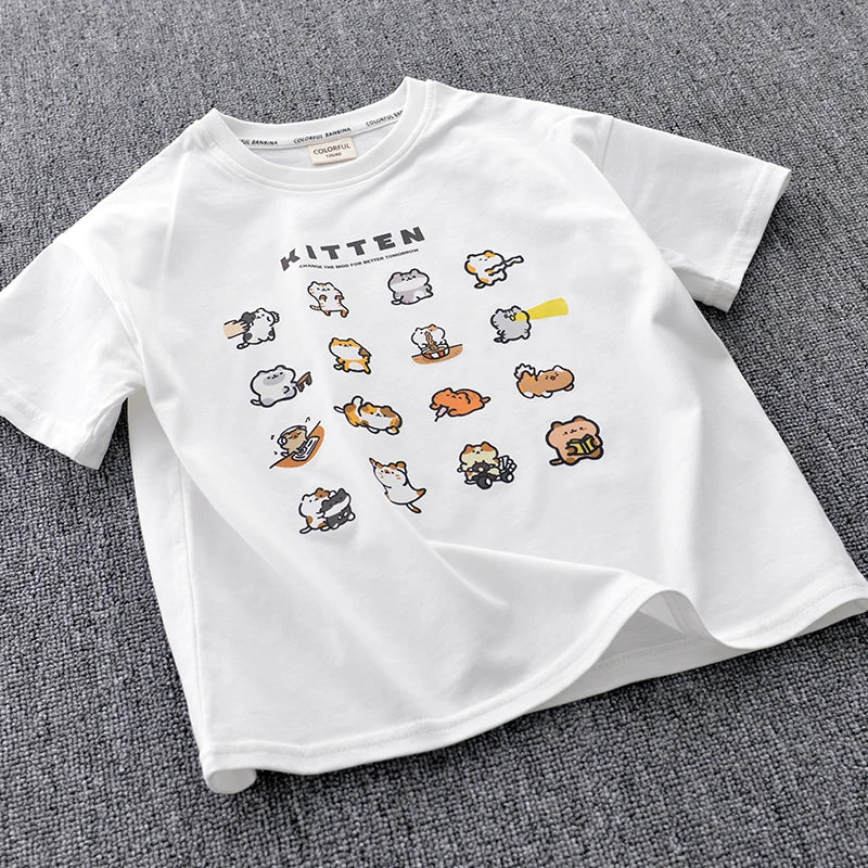 Ropa para niños 2025, artículo nuevo, camisa de manga corta con estampado de animales pequeños y algodón puro
